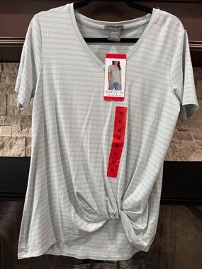 Matty M Mint Green & White Striped V-Neck Knot Front Tee